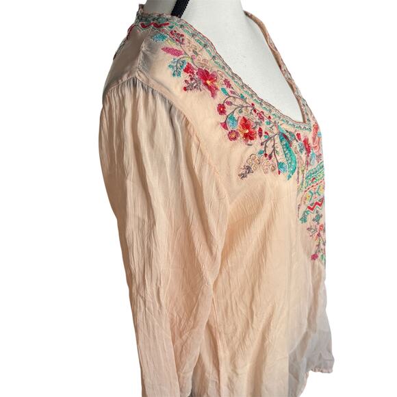 Johnny Was Embroidered Boho Tunic Top Medium Peach Floral Bird Cupra Rayon - Picture 4 of 11